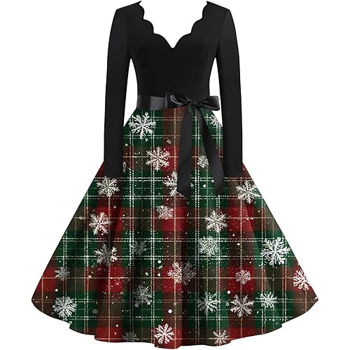 Christmas Dresses for Women 2025 Long Sleeve Sparkly Xmas Prom Hepburn Dresses V-Neck Christmas Holiday Party Dresses