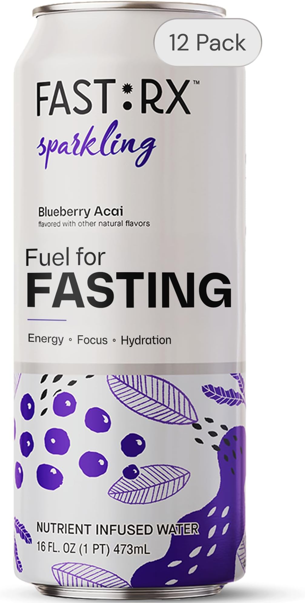Fasting Electrolyte Drink | Zero Sugar Zero Calorie Hydration with Vitamins & Minerals | Intermittent Fasting & Keto | Blueberry Acai | Sparkling | 16oz 12-Pack