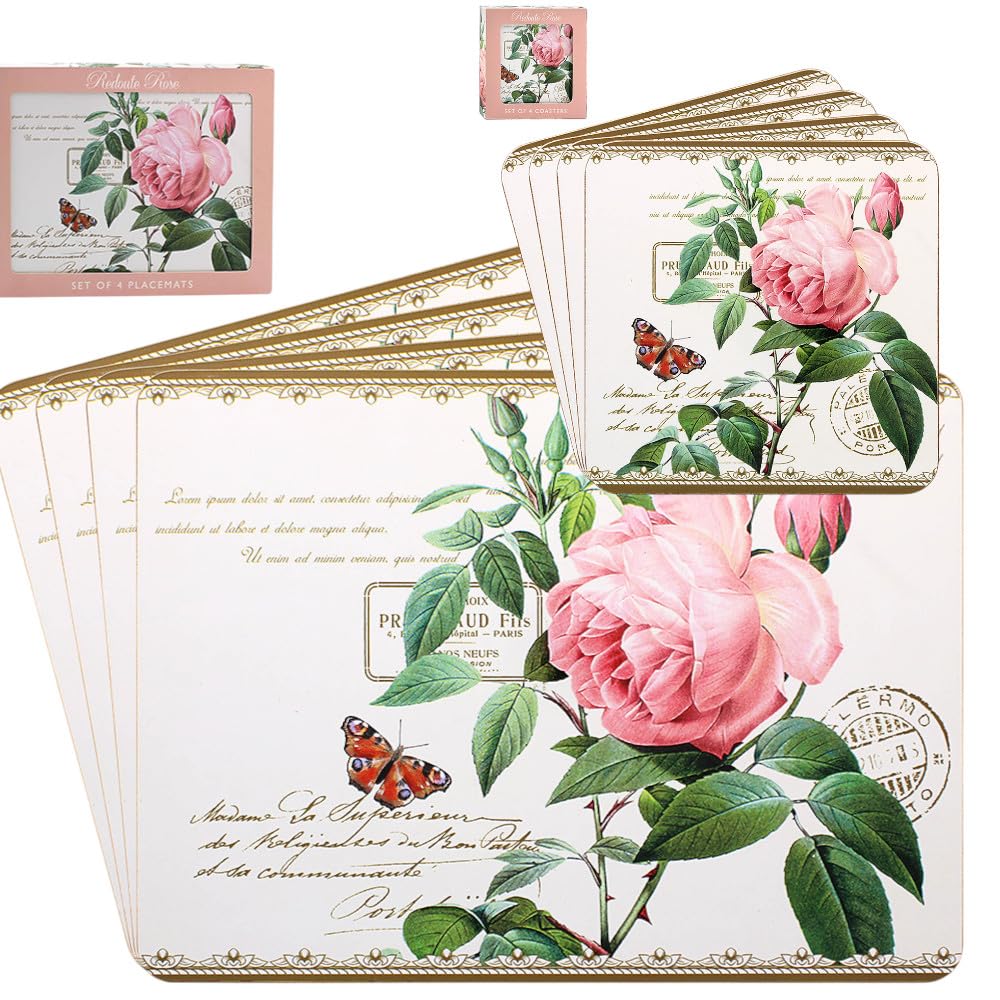 Placemats And Coasters Set of 4 Of Each With Wipe Clean Finish With Corked Back For Dinner & Dining Room Table (Redoute Rose) — image 1
