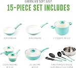 GreenLife Soft Grip Healthy Ceramic Nonstick, 15 Piece Cookware Pots and Pans Set, Induction, PFAS-Free, Dishwasher Safe, Turquoise