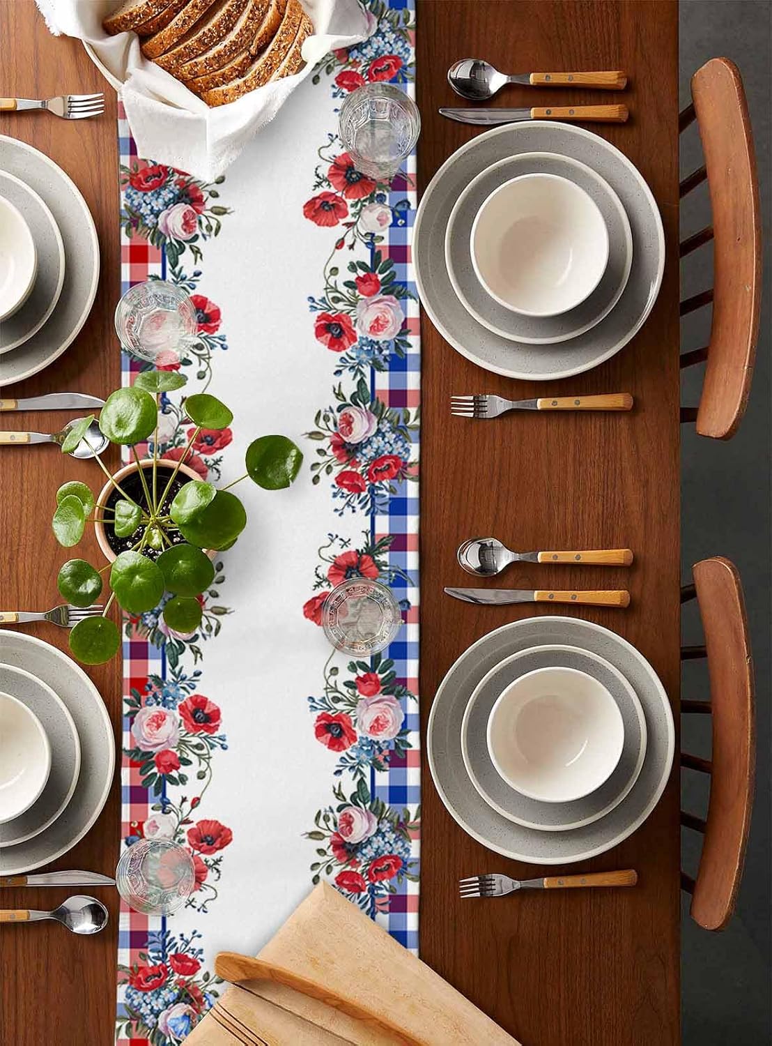 Independence Day Table Runner 108 Inches Long American Flag Flowers Coffee Table Runner Red Blue Plaids Kitchen Dining Table Decoration for Indoor Outdoor Home Party Holiday 13 x 108 Inch