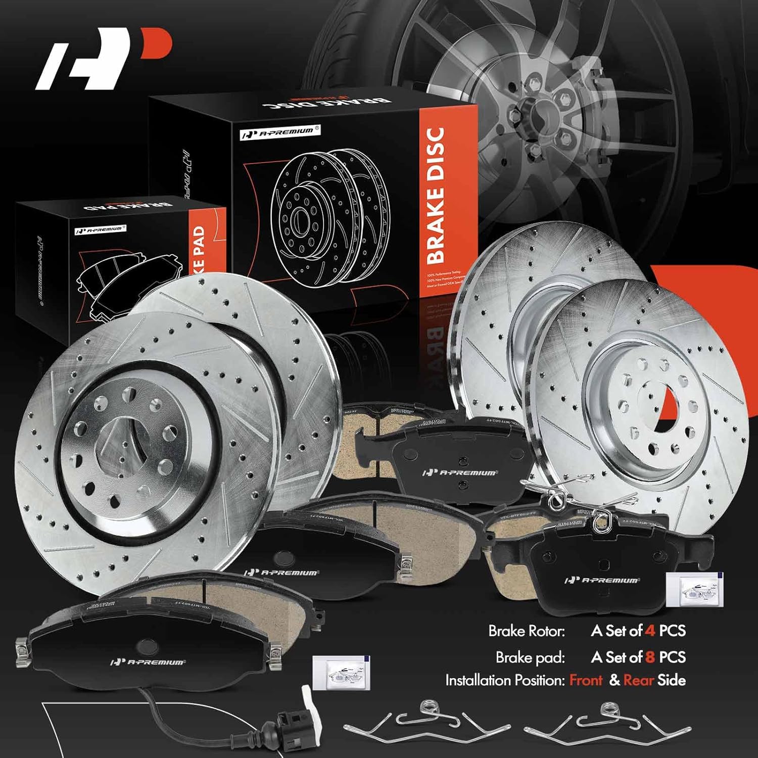 A-Premium Front and Rear Drilled and Slotted Disc Brake Rotors + Ceramic Pads Kit Compatible with Select Volkswagen and Audi Models - Golf R 2015-2019, Arteon 2019-2021, Q3 2020, S3 2015-2020
