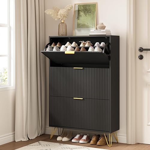 Vista 16 de Armario de zapatos con 3 cajones abatibles, armario de zapatos de mediados de siglo para entrada, gabinete de almacenamiento delgado y oculto