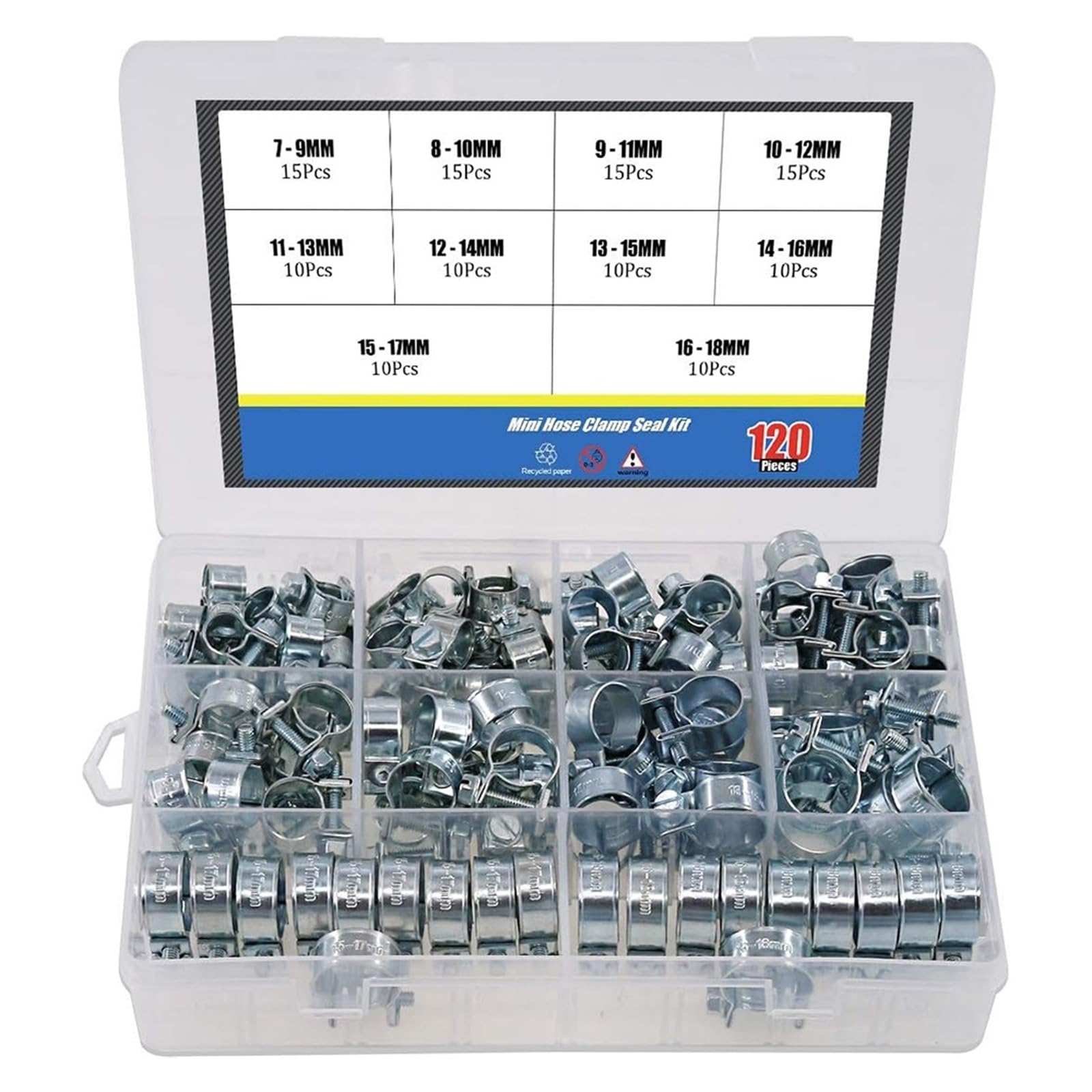 Kit surtido de 120 abrazaderas for mangueras combustible 7-18 mm, tipo mini, chapadas en zinc, for tuberías diésel y gasolina