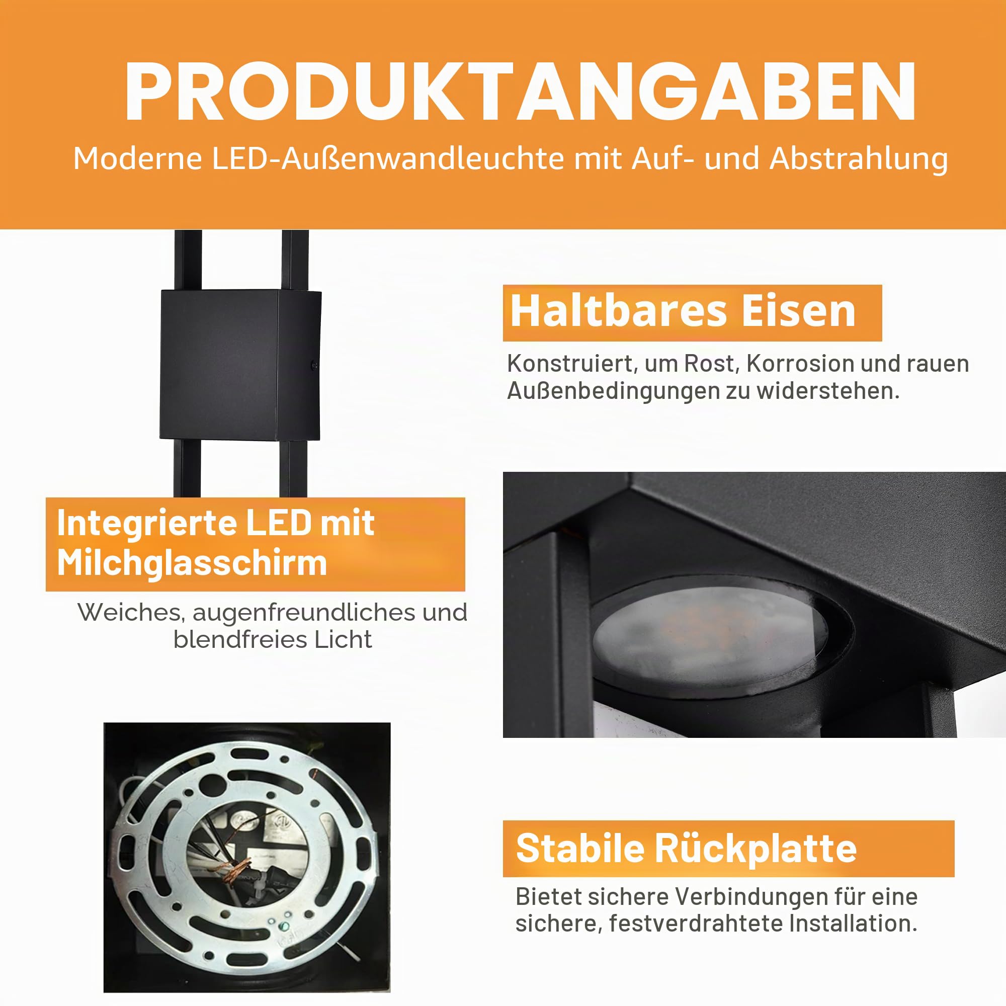 Alighting 10W LED Außenwandleuchte Up & Down 2 Pack | 3000K Warmweiß, Metall und Glas Wandleuchte, Fest Verdrahtet, IP44 Außenlampe für Hauswand, Balkon, Terrasse, Schwarz Matt
