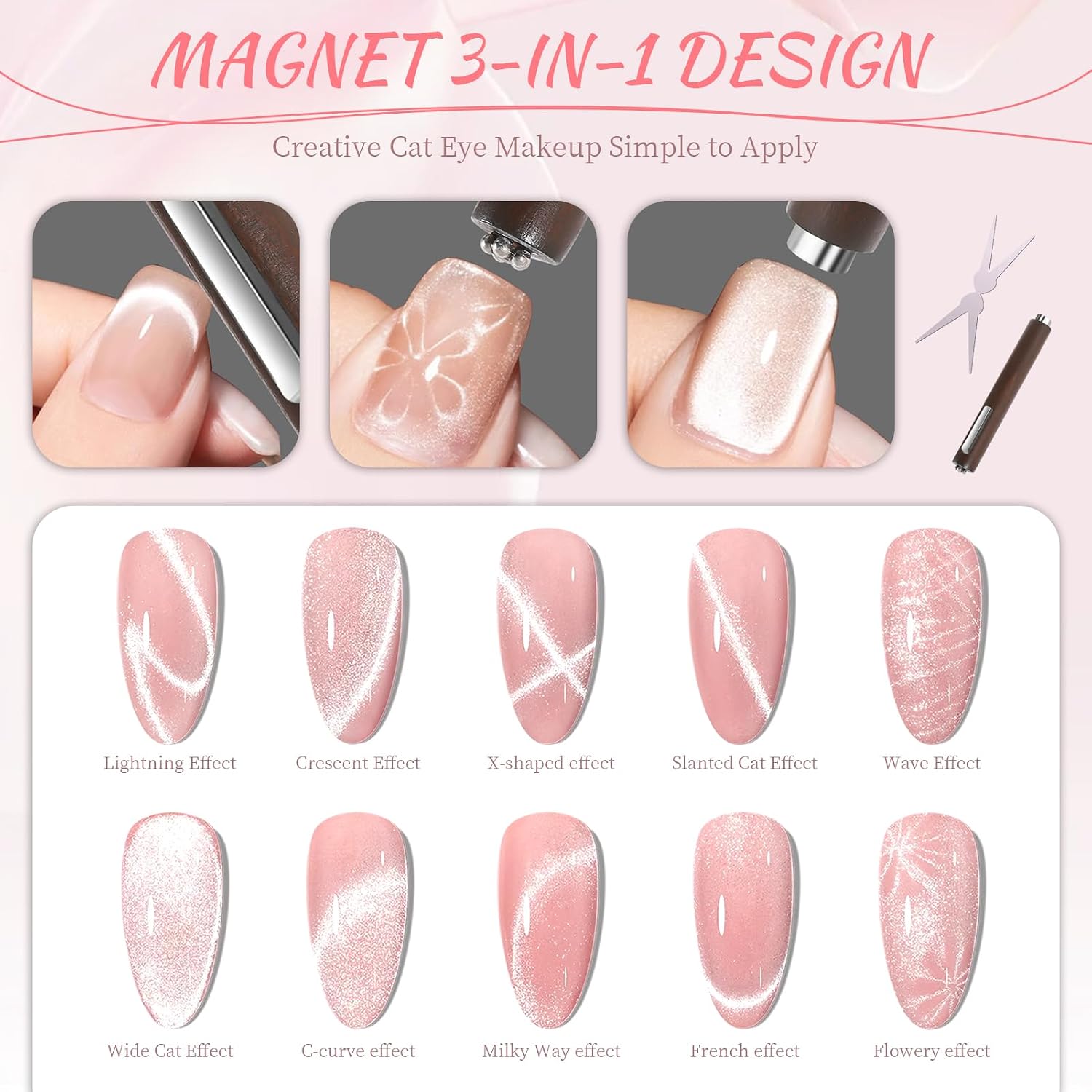 3 in 1 Cat Eye Nail Magnet Tool Set, Scissor Shaped French Cat Eye with Cylindrical Magnet for Gel Polish, Nail Art DIY at Home, Professional Salon Studio Use