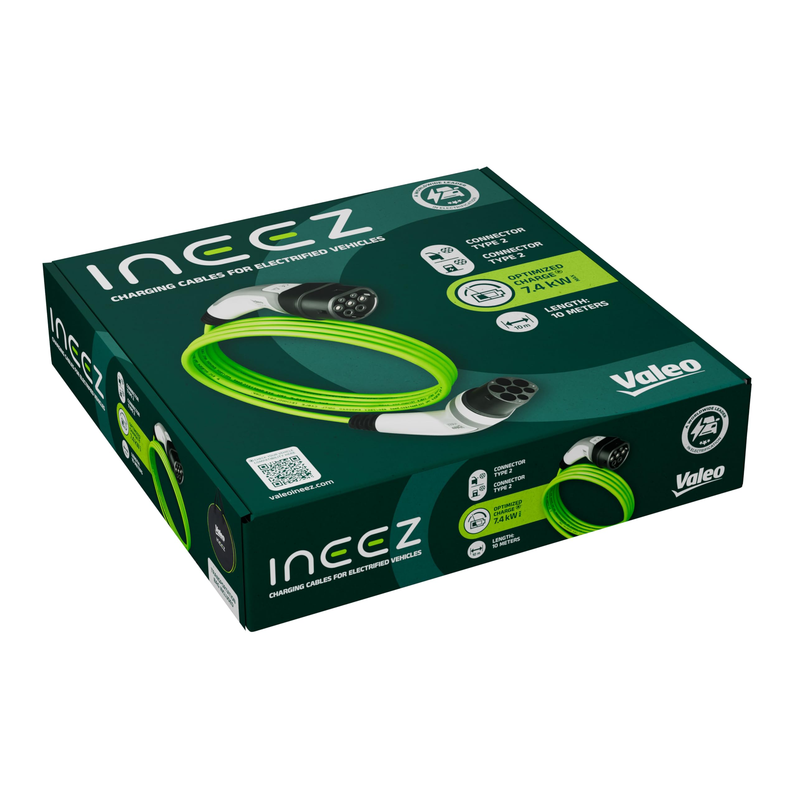 Valeo Ineez - 652109 - Cable de Carga para vehículos eléctricos o híbridos enchufables con Bolsa de Transporte - Tipo 2 a Tipo 2-7,4 kW - 10 Metros