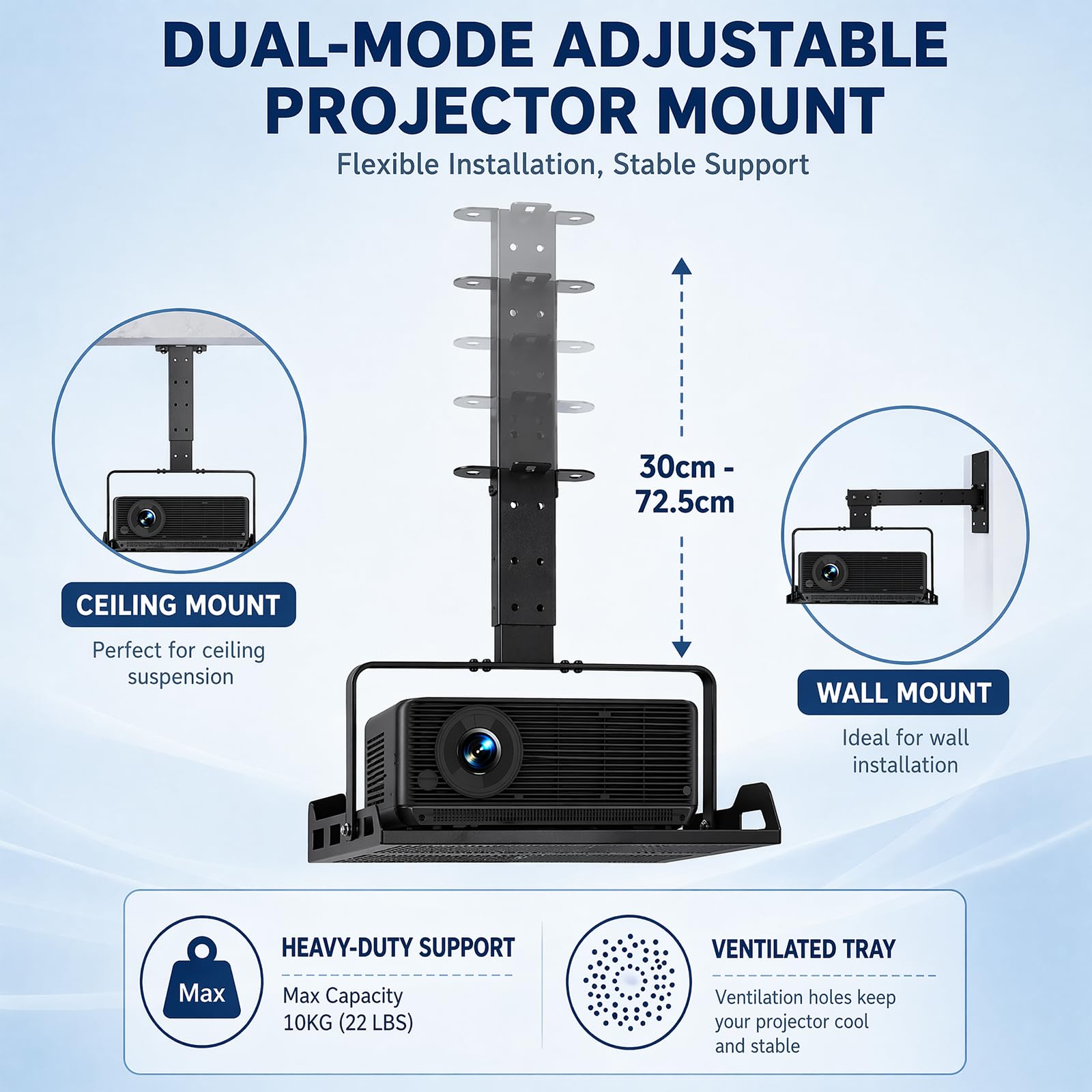 Support de Plafond Vidéoprojecteur Télescopique Réglable 30 à 56cm Noir, Support Universel Charge Max 10kg avec Etagère Ventilée et Guide-Câble Intégré pour Home Cinéma Bureau
