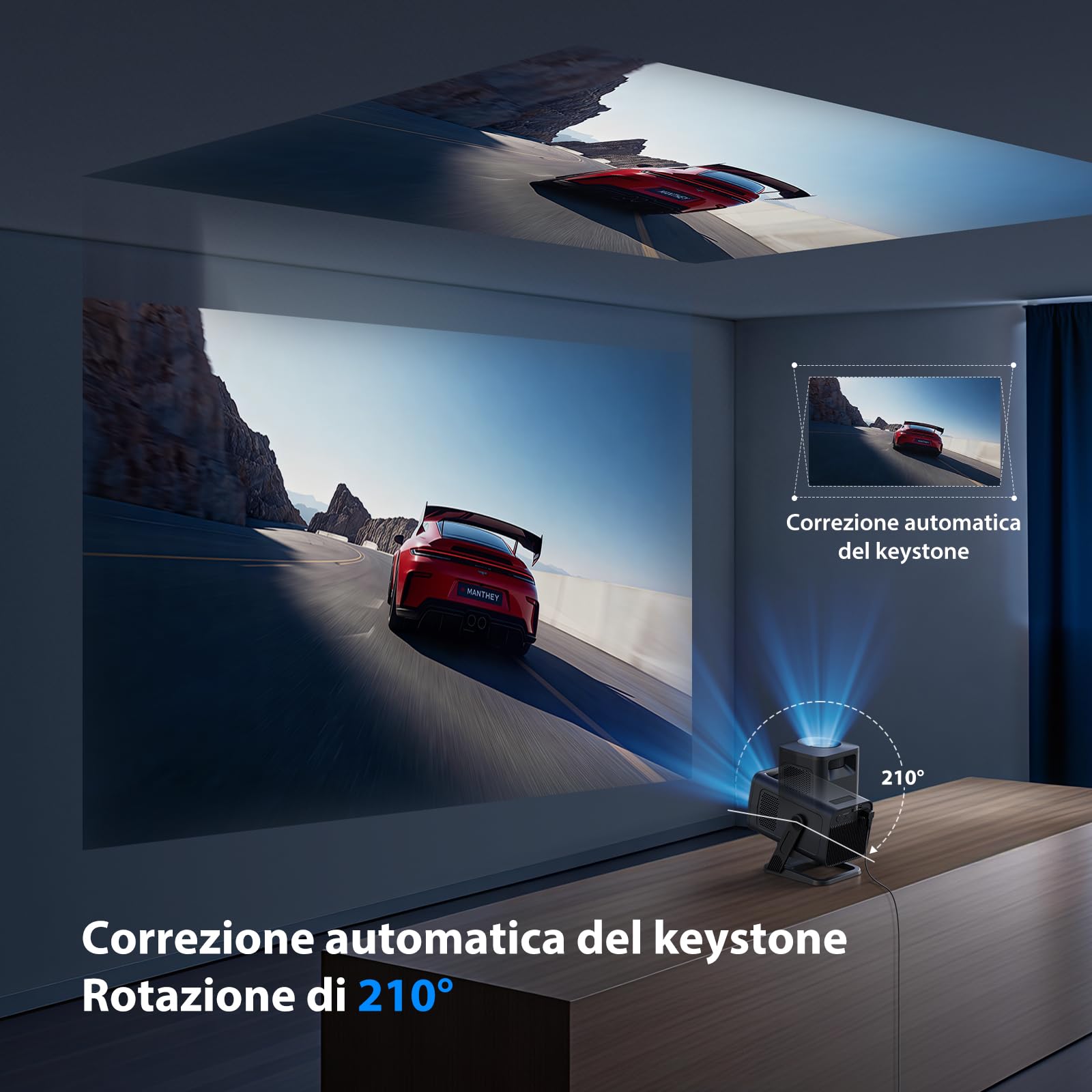 ZYNIX Mini Proiettore con Android 14, Supporta 4K e 1080P, NIX500 | Smart Proiettore con WiFi 6 e Bluetooth 5.4, Auto Keystone e Rotazione 210° per Home Cinema, Gaming e Outdoor