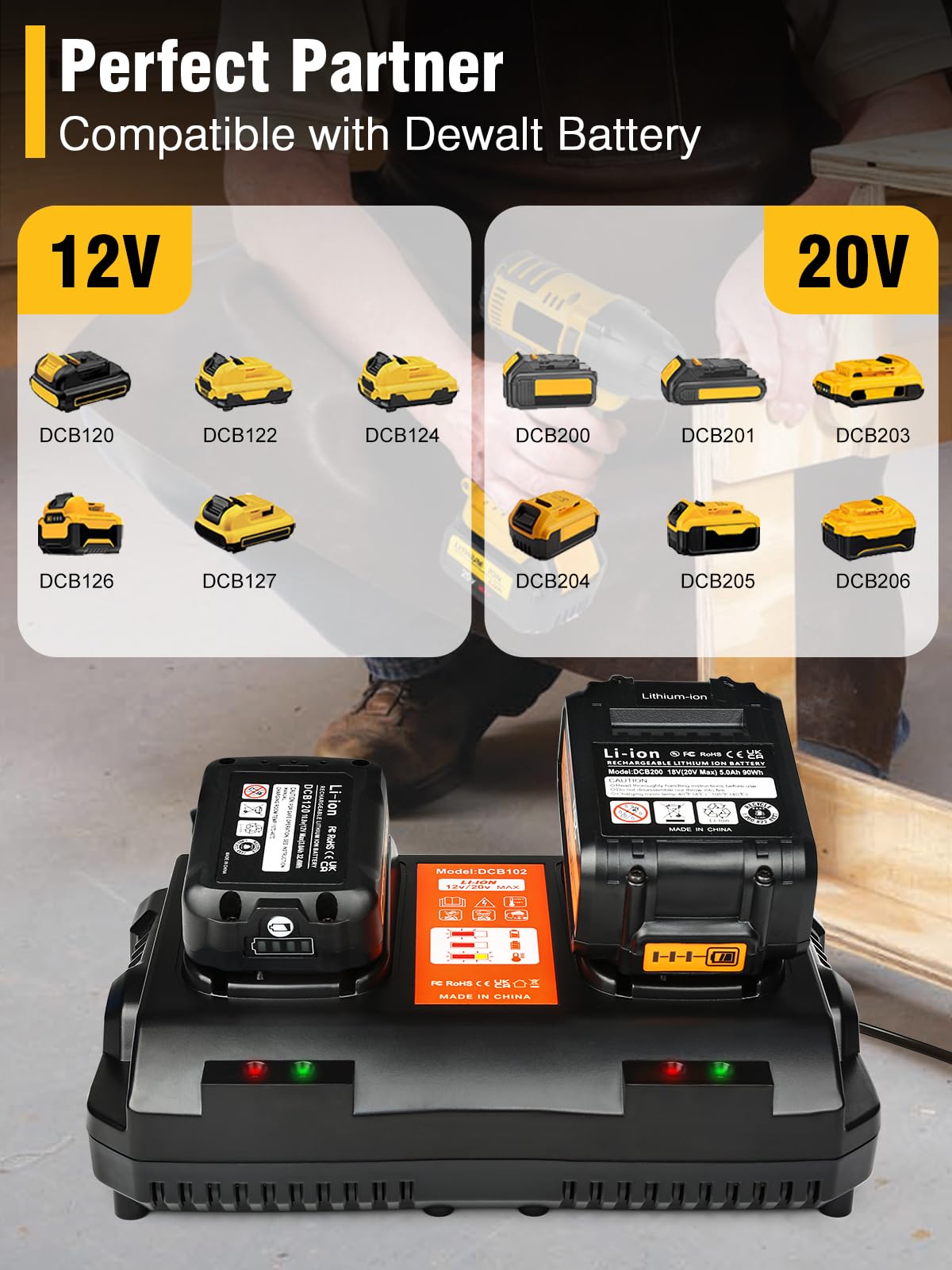 DCB102 Zamiennik dla stacji ładowarki akumulatorów Dewalt kompatybilna z ładowarką akumulatorową Dewalt 12 V/20 V, działa z akumulatorem Dewalt 20 V