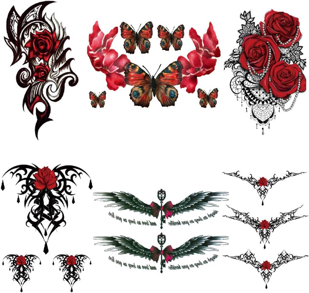 タトゥーシール 刺青シール アートステッカー 腕 海外 肩 背中 胸 足 花 スティック 148 6枚セット ローズ ボディーに貼る 210mm バタフライ