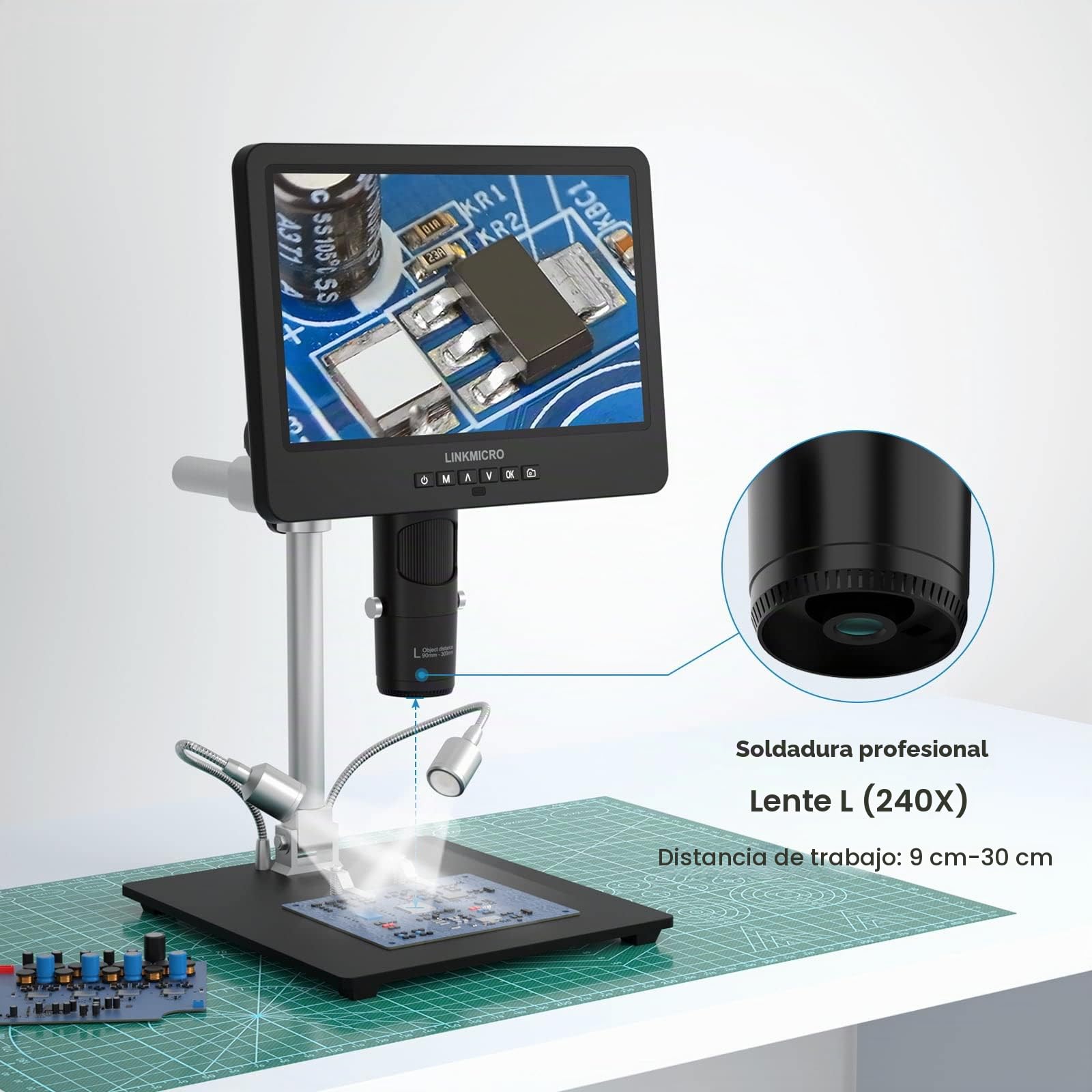 LM249S Microscopio Digital de 3 Lentes de 10" HDMI 2000X UHD 2160P Microscopio de Soldadura 13" Soporte metálico para reparación de PCB SMD, Adultos Cámara de microscopio de Monedas USB