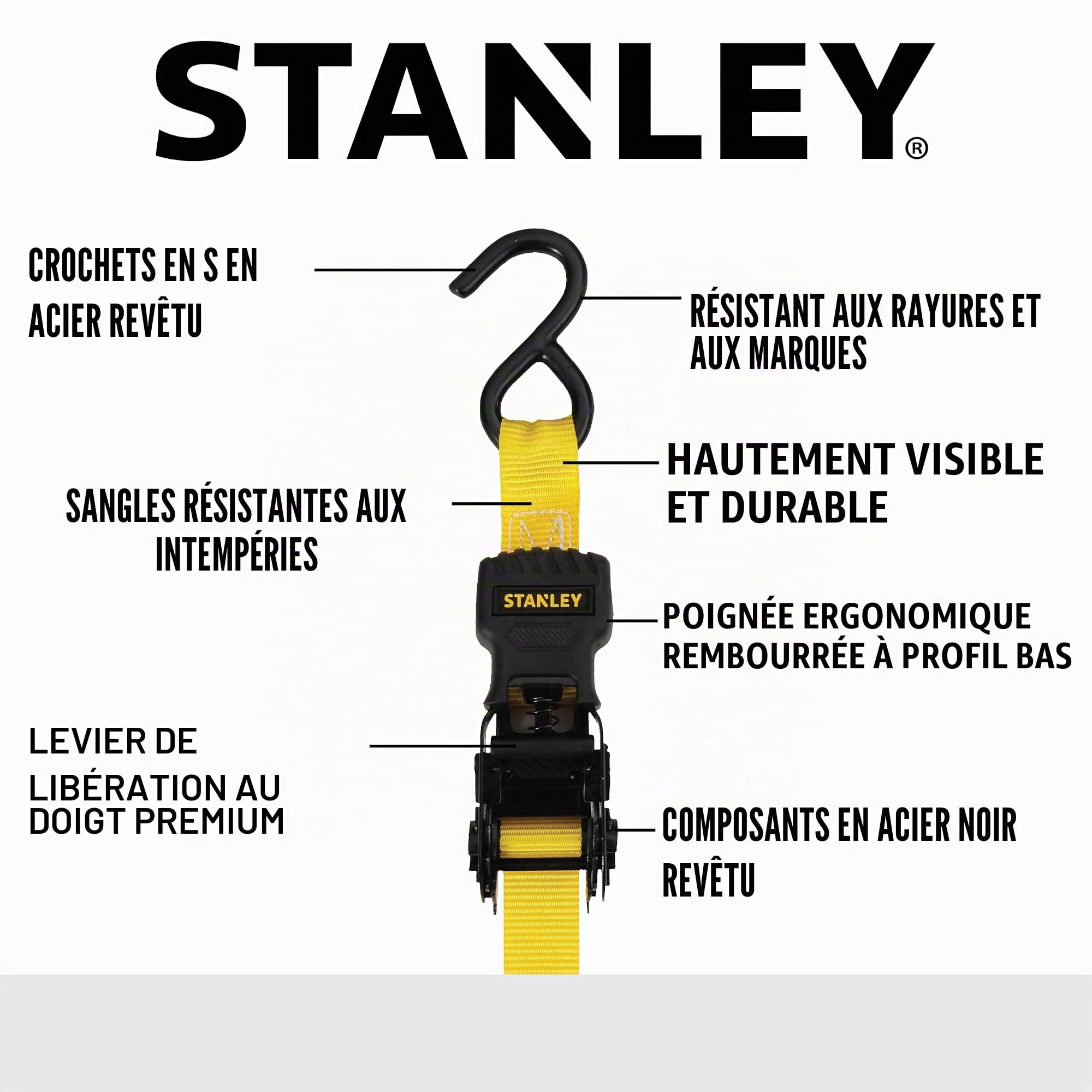 Stanley S1000 Lot de 8 Sangles à cliquet Stanley - 2,5 cm x 3,05 m - pour Transport de Charges légères (résistance à la Rupture de 680 kg) - Noir/Jaune