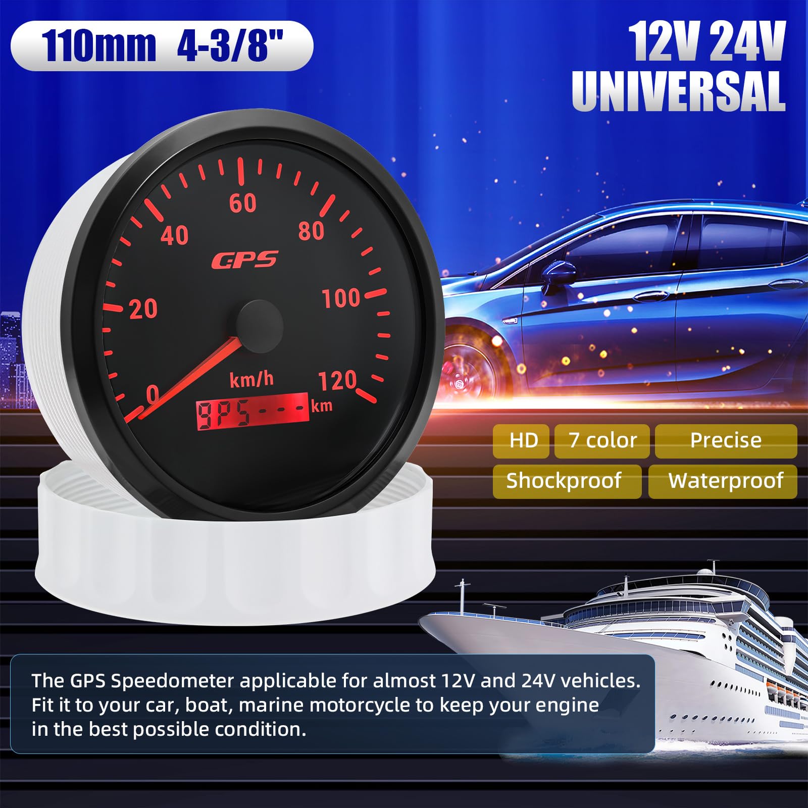 110mm Geschwindigkeitsmesser GPS Tacho Kilometerzähler 0-120Km/H Wasserdichter IP67 7-Farben Tachometer Messgerät für Auto Boot Yacht 12V/24V
