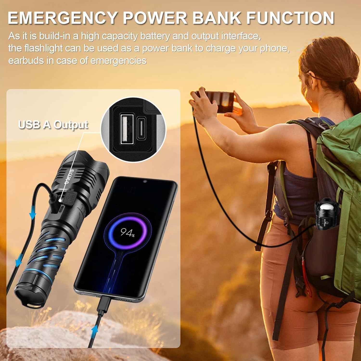 Super Bright Flashlight High Lumens 100000 Rechargeable, Strong 50W LED, Big 8.54” Length, Adjustable 5-Mode, Dual Buttons, Long Lasting 15H, Quick USB C Charge, LCD Display & Output, for Hiking Home