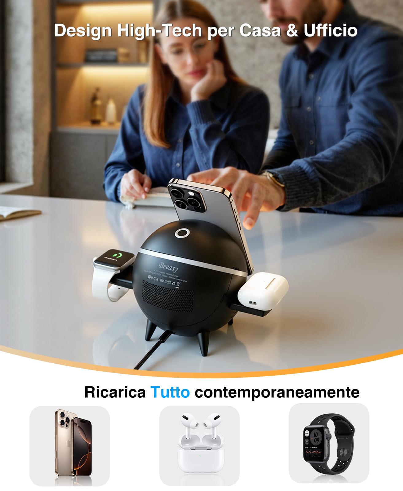Beeasy Caricatore Wireless Station 4 in 1 con Luce Notturna per MagSafe, Certificata Qi2 Ricarica Rapida Magnetica da 15W, Stazione Ricarica Wireless per iPhone/Samsung, Incluso 30W USB-C Adattatore