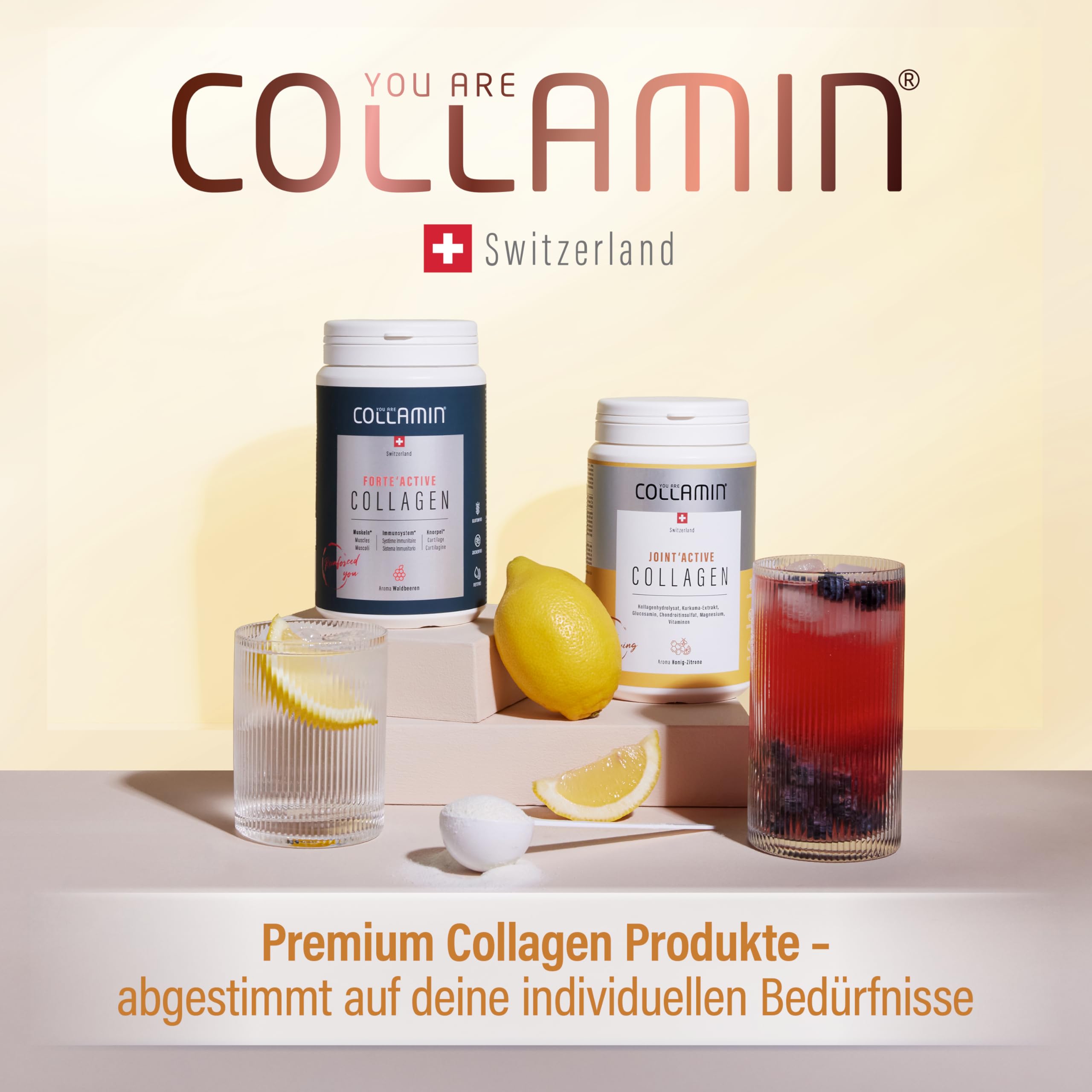 Joint'Active Collagen Pulver - 480g I Kollagen Pulver mit Kurkuma, Vitamin C, Hyaluron & Mehr I Hydrolysiertes Kollagen (Rind) mit Honig-Zitronen Aroma I Kollagen - Made in Switzerland