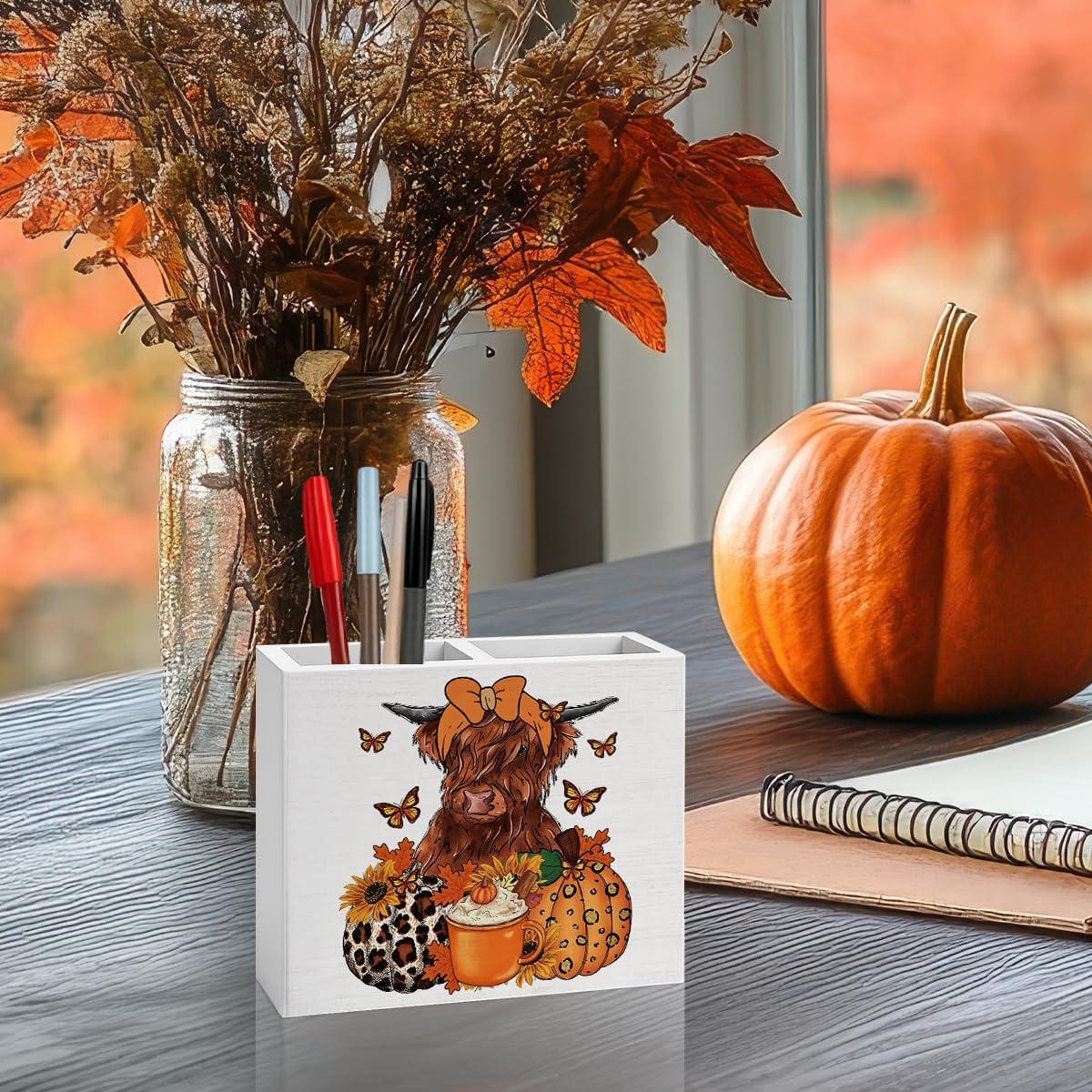 Funny Fall Decor - Sunflower Western Highland Cow Sign Wooden Pencil Holder image 4
