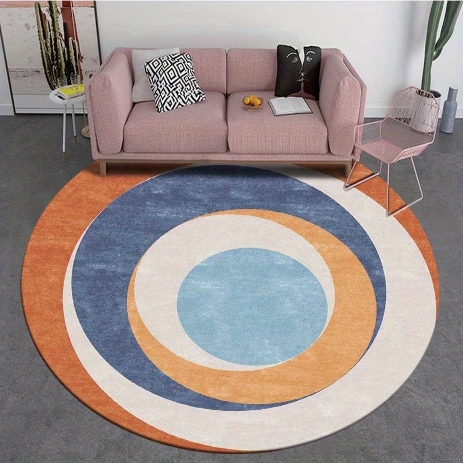 Round Geometric Print Rug, 120x120cm Contemporary Minimalist Style with Brown, Blue, and Yellow Circle Patterns, Stylish Indoor Rug Soft, Comfortable, Low-Pile, and Washable Rugs for Living Rooms