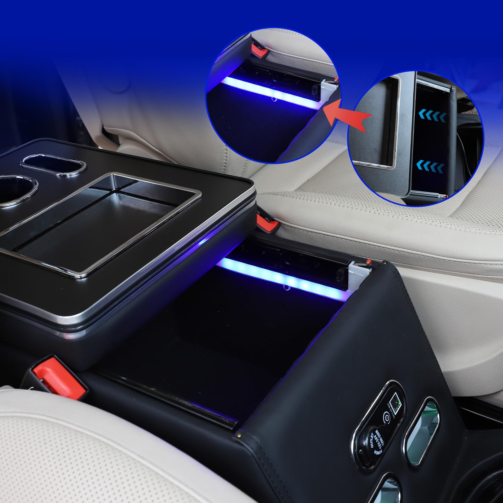Podłokietnik do konsoli środkowej klasy V V220, V260, V250, W447, organizer na konsolę środkową z uchwytami na napoje, 7 kolorów, światła LED, zapalniczki samochodowej (czarne)