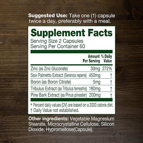 Miniatura 7 de Saw Palmetto Complex 120 cápsulas vegetales para hombres Apoyo de próstata Salud urinaria Zinc, Tribulus, Boro, Corteza de Pino 5 en 1 Suplemento de