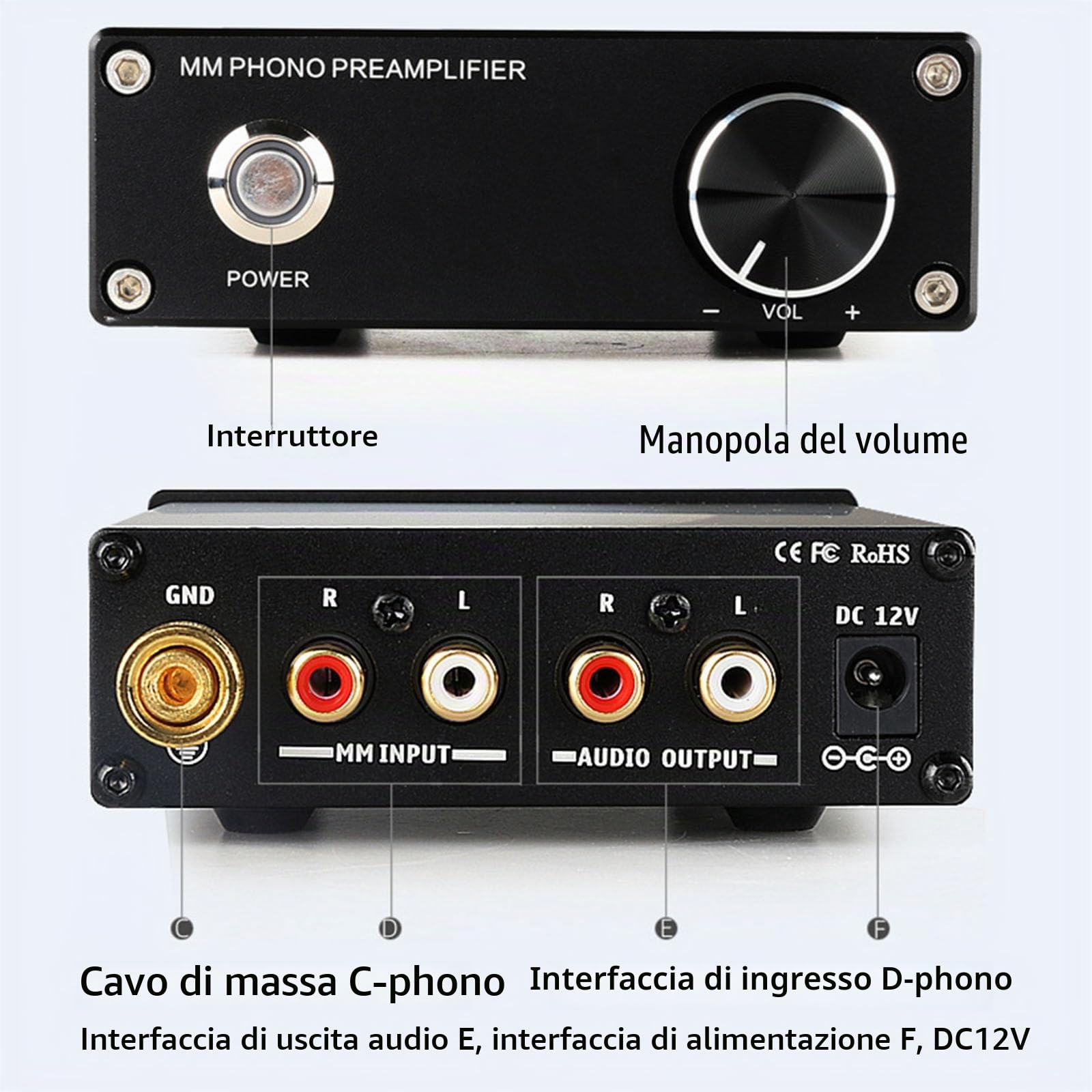 Preamplificatore Phono MM/MC, Preamplificatore Giradischi, Preamplificatore Hi-Fi, con Volume Regolabile, Ingresso e Uscita RCA, Adattatore di Alimentazione DC12V, per Mini Stereo Audio Fonografo
