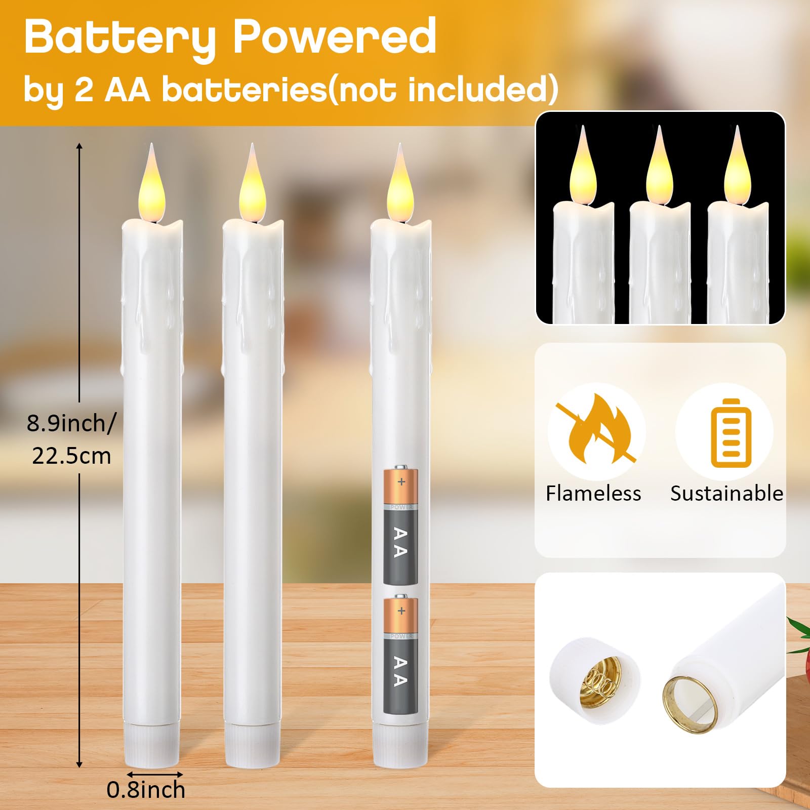 Baquler Lot de 24 bougies coniques sans flamme de 22,5 cm - Sans gouttes - Fonctionnement à piles - Bougies de fenêtre avec flamme vacillante 3D pour Pâques, maison, mariage, dîner, église