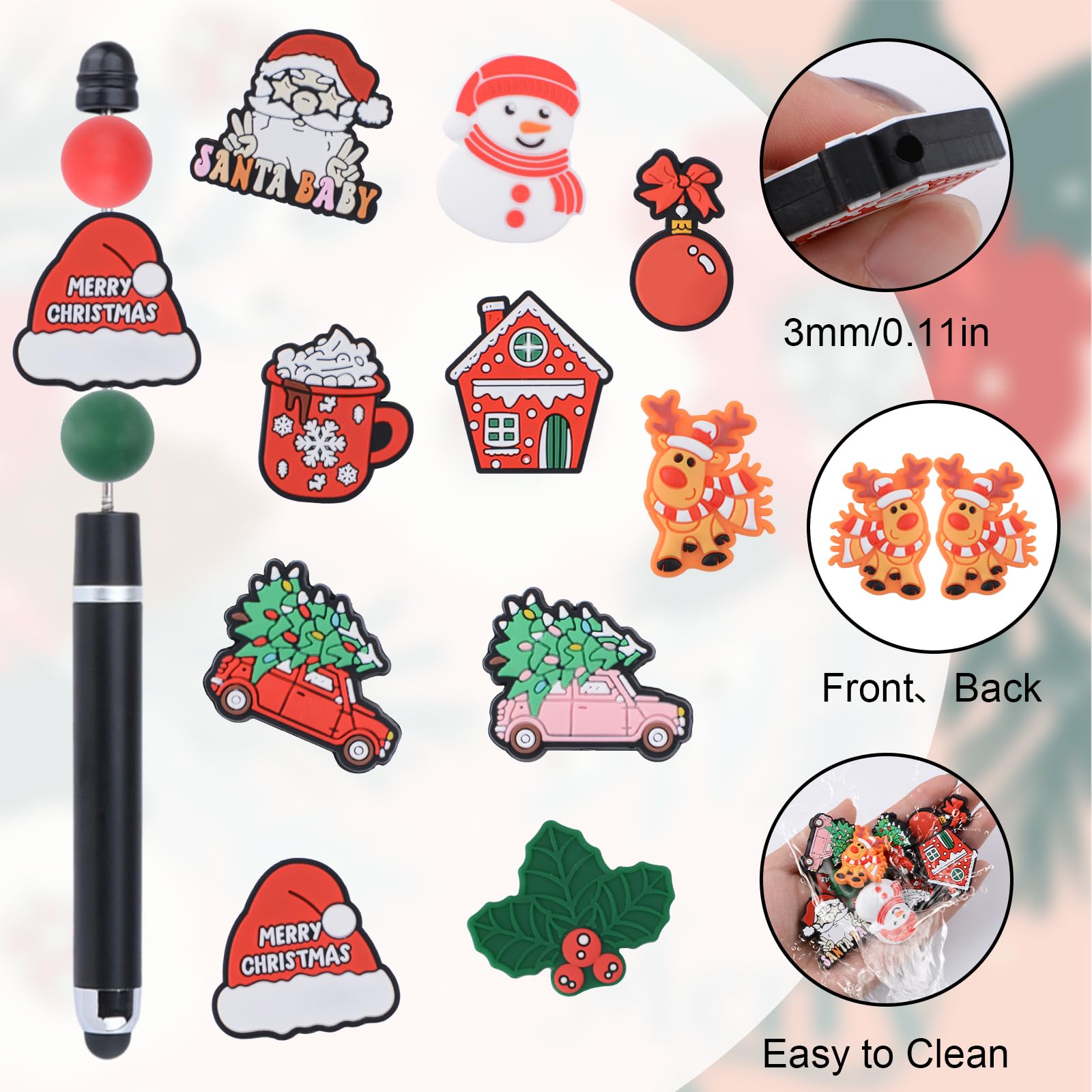 URROMA Christmas Silicone Beads, 20Pcs Irregular&Round Loose Beads with Santa Claus Snowman Shape Beads for Pen Lanyard Garland Making - Image 3
