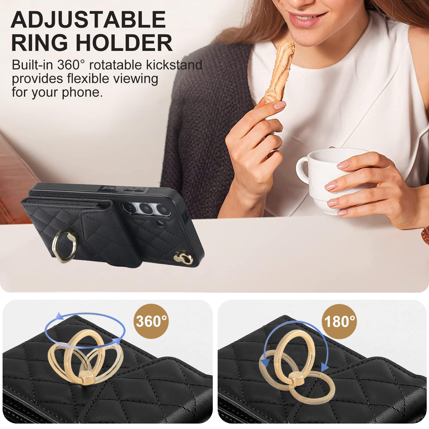 Asuwish Schutzhülle für Samsung Galaxy A15 5G/4G, Brieftaschen-Schutzhülle aus gehärtetem Glas, Displayschutzfolie und Handgelenkschlaufe, Ring, RFID-blockierend, Kartenhalter, Leder, für Damen und