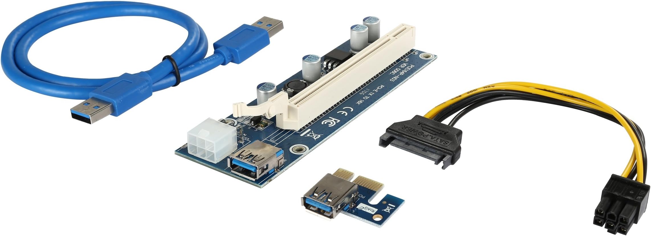 Mining Card, Raiser Card, PCIe (PCI Express) 16x to 1x Riser Adapter, USB 3.0 Extension Cable 60cm, 6 pin PCI-E to SATA Power Cable, GPU Riser Adapter, Ethereum Mining Riser Card