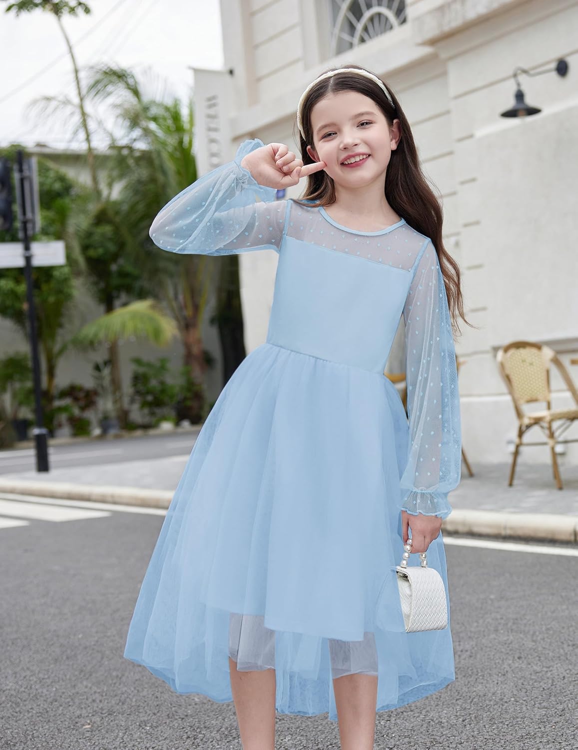 Arshiner Girls Dresses Contrast Mesh Long Sleeve Twirly High Low Birthday Party Formal Dress