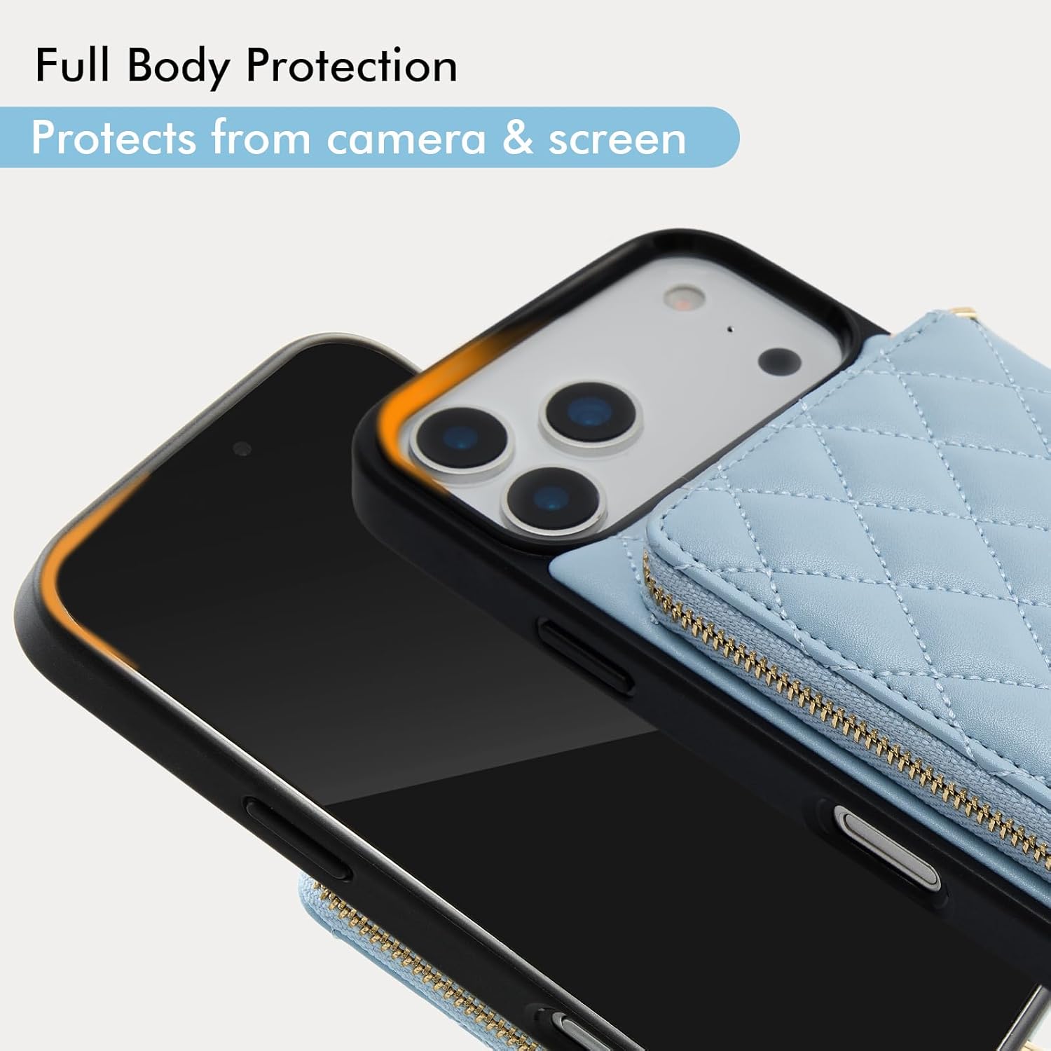 LAMEEKU for iPhone 17 Pro Max Wallet Case with Card Holder, Quilted Leather Crossbody Zipper Purse for Women 6.9'' Blue - Image 6