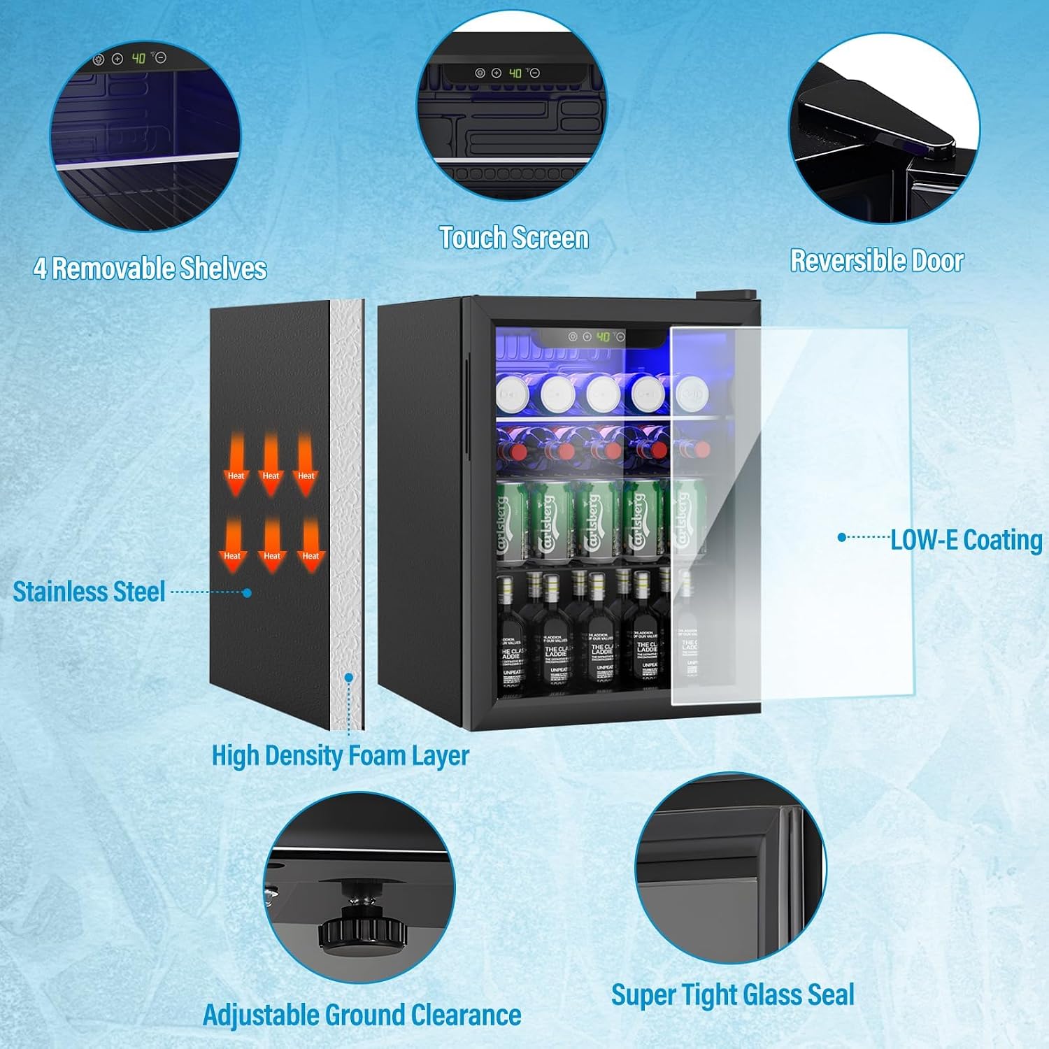 Erivess 2.6 Cubic Feet Mini Fridge,95 Can Freestanding Beverage Refrigerator with Glass Front Door for Soda, Beer Under Counter Small Refrigerator with Adjustable Shelves and Digital Display(Black)