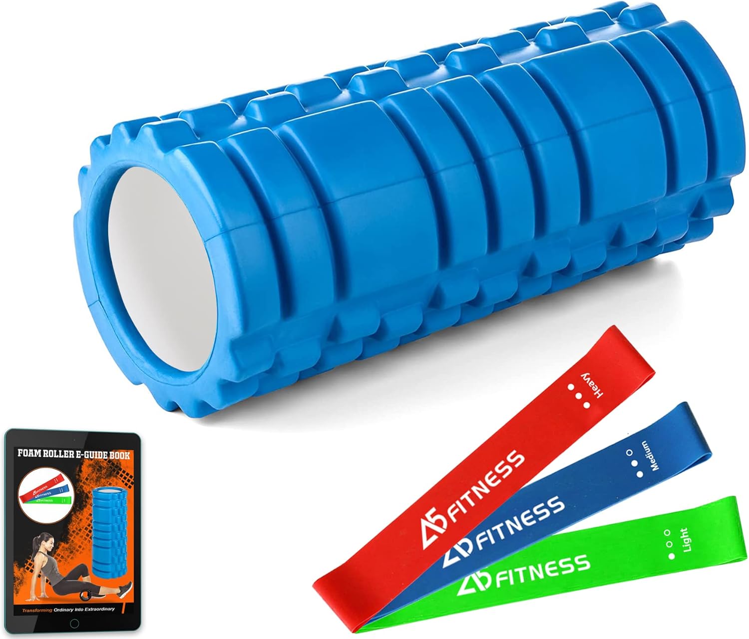 Foam Roller Blue with 3 Resistance Level Bands and Ebook Lightweight
