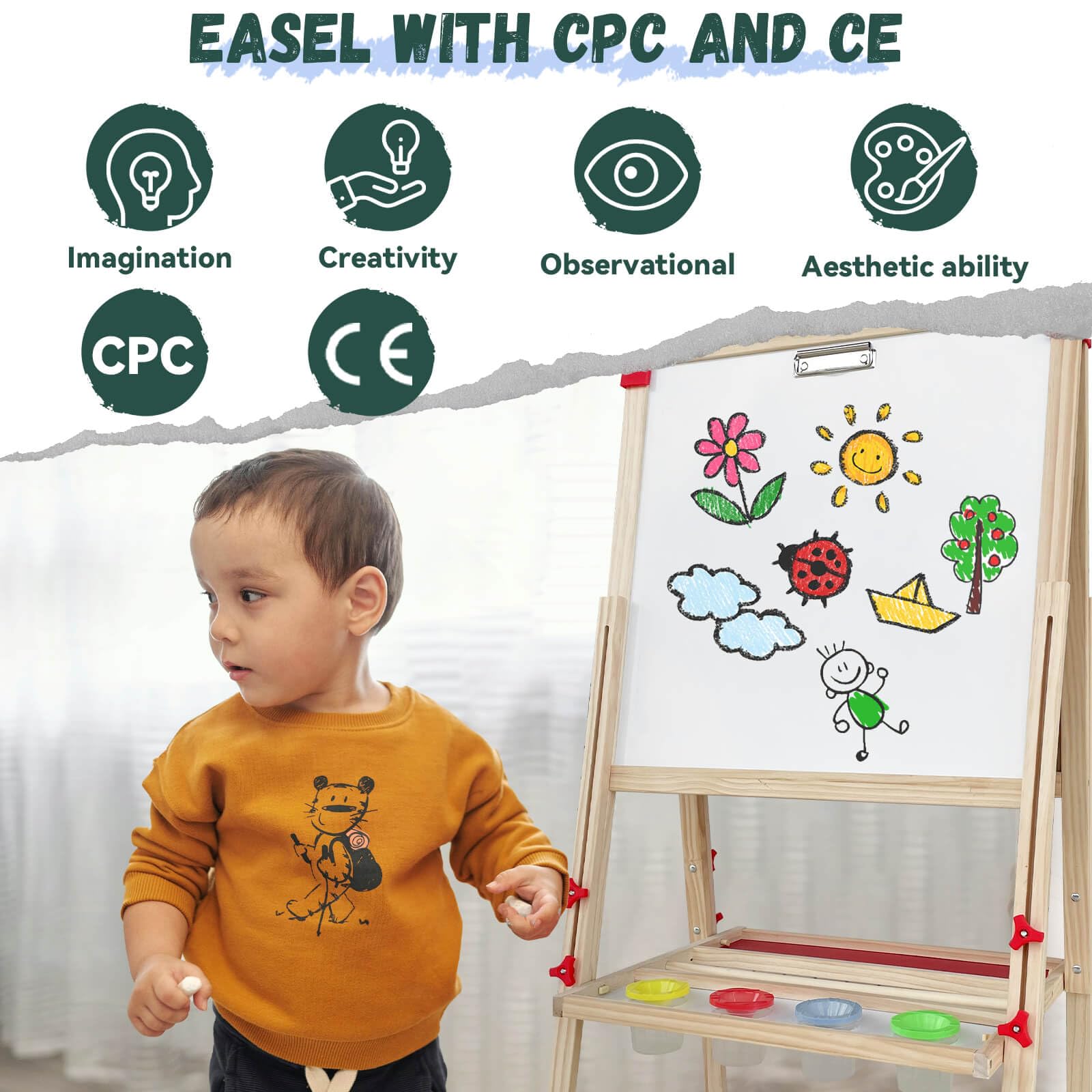 Caballete para niños, caballete de arte de madera ajustable para niños, más de 114 suministros de arte, pizarra magnética de doble cara y pizarra blanca para niños, dibujo y pintura para niños de 2 a 5