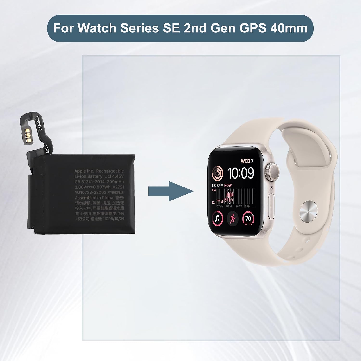 A2721 Запасная батарея 209 мА·ч/3,86 В, совместимая с Apple Watch Series SE 2-го поколения с GPS, 40 мм, в комплекте с инструментами