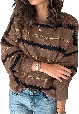 PRETTYGARDEN Women's Fashion Long Sleeve Striped Color Block Knitted Sweater Crew Neck Loose Pullover Jumper Tops