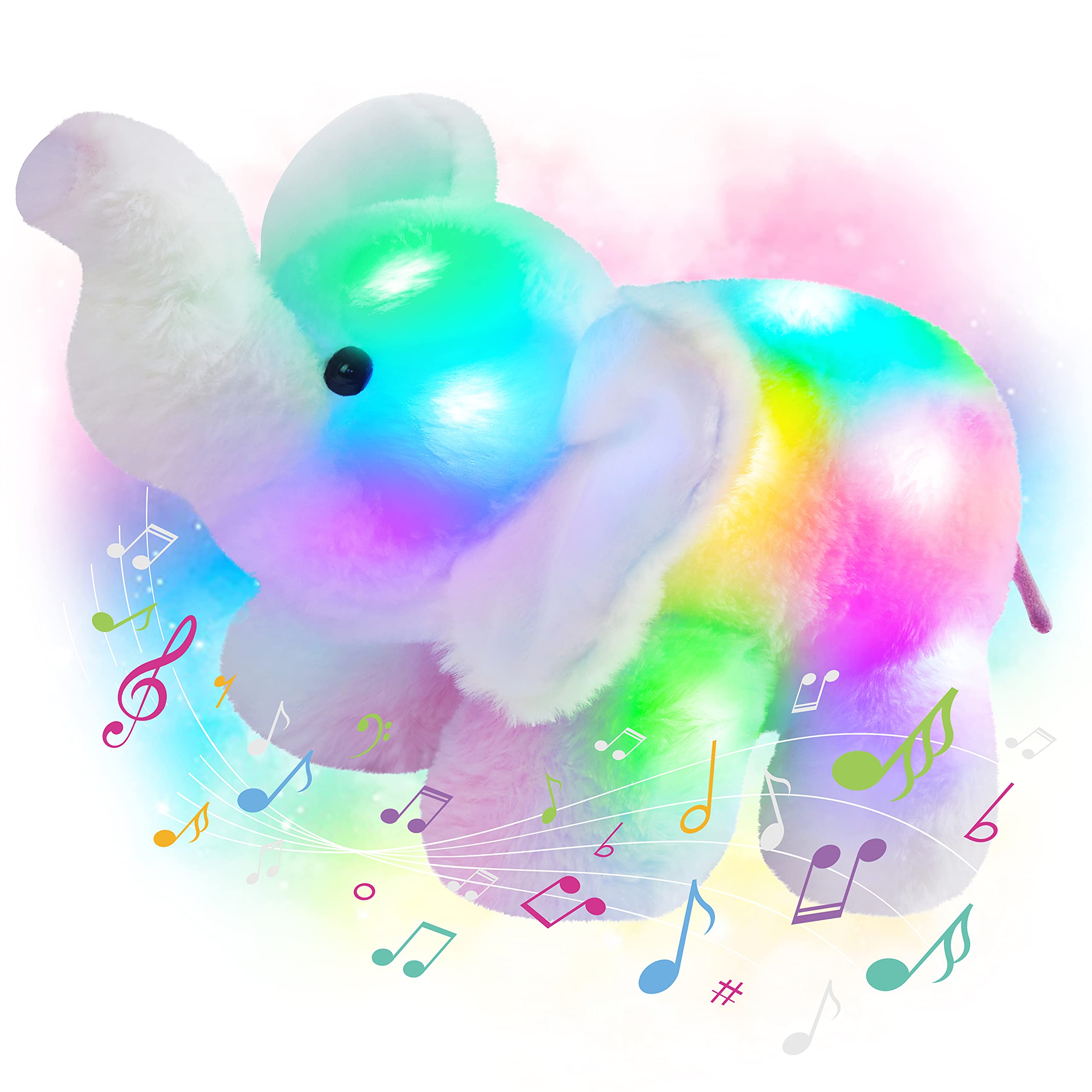 Glow Guards 12'' Light up Musical Elephant Stuffed Animals with LED Night Light Lullaby Glow in Dark Soft Plush Snuggle Toy Rainbow Valentine's Day Birthday for Toddlers Kids Children