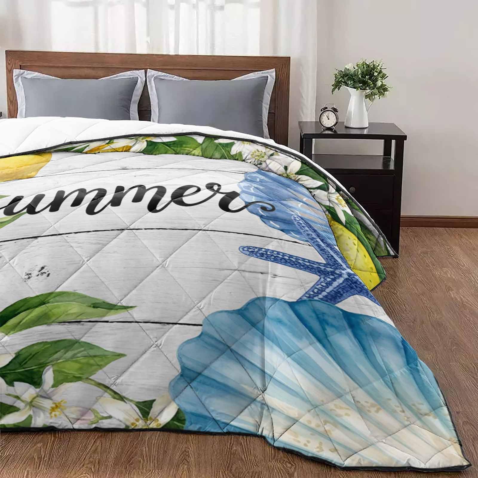 Summer Quilt Twin Luxury Quilted Comforter Bedspread-Thin Soft Cozy Lemon Shell Starfish Leaf Ocean Wood Reversible Stitched Lightweight Quilt Coverlet for All Season