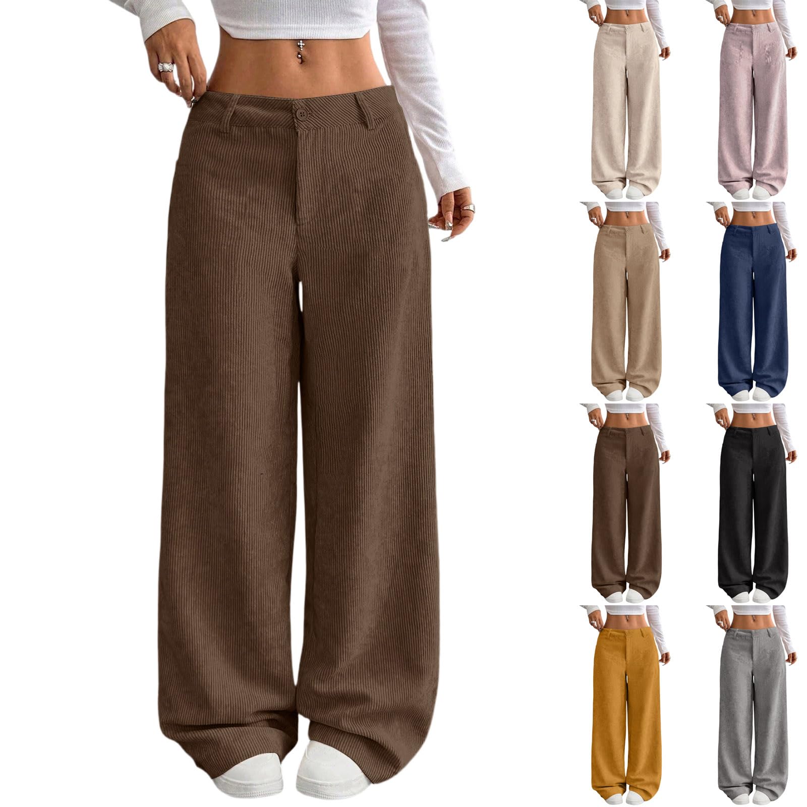 Womens Corduroy Pants Baggy Elastic High Waisted Wide Leg Trousers Casual Comfy Lounge Palazzo Pants with Pockets
