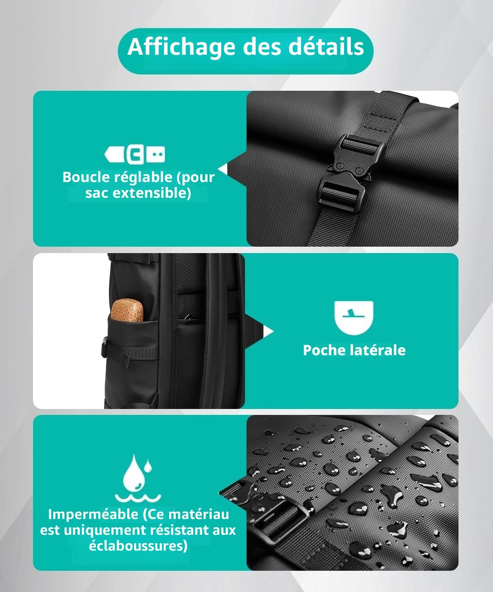 Sac a Dos Homme Etanche 33L pour 15 Pouces Ordinateur Portable Extensible pour Randonnée Travail Voyage Cyclisme Université-Noir