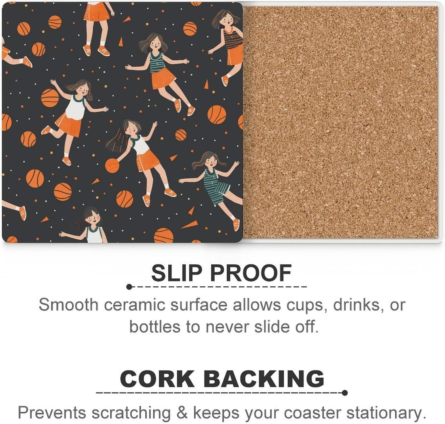 Basketball Girl Pattern Coasters Absorbent Ceramic Coasters for Drinks Coaster with Cork Backing for Table Protection Square Drink Cup Mat Modern Style Coaster for Coffee Table