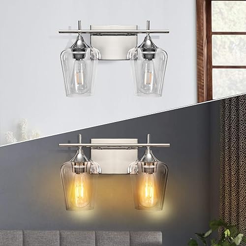 Miniatura 5 de Lámparas de tocador con 2 luces, accesorios de iluminación cromados para baño, con pantalla de vidrio transparente, iluminación moderna para baño,