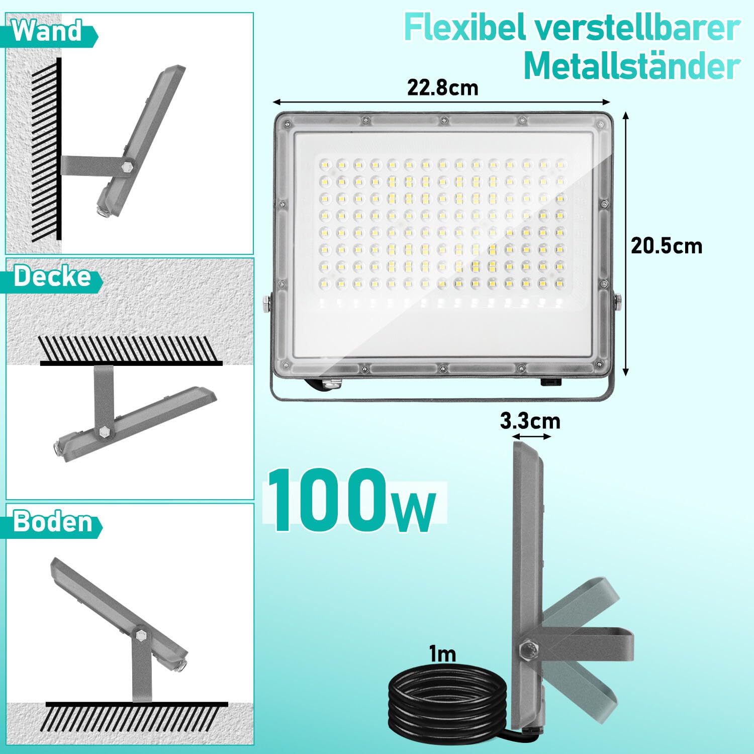 LED Strahler Außen 100W,4 Stück LED Fluter 6000K Kaltweiß 9900LM Led Scheinwerfer, IP65 Wasserfest Aussenstrahler für Hell Garten Hof Türen Rasen Garage [Energieklasse E]