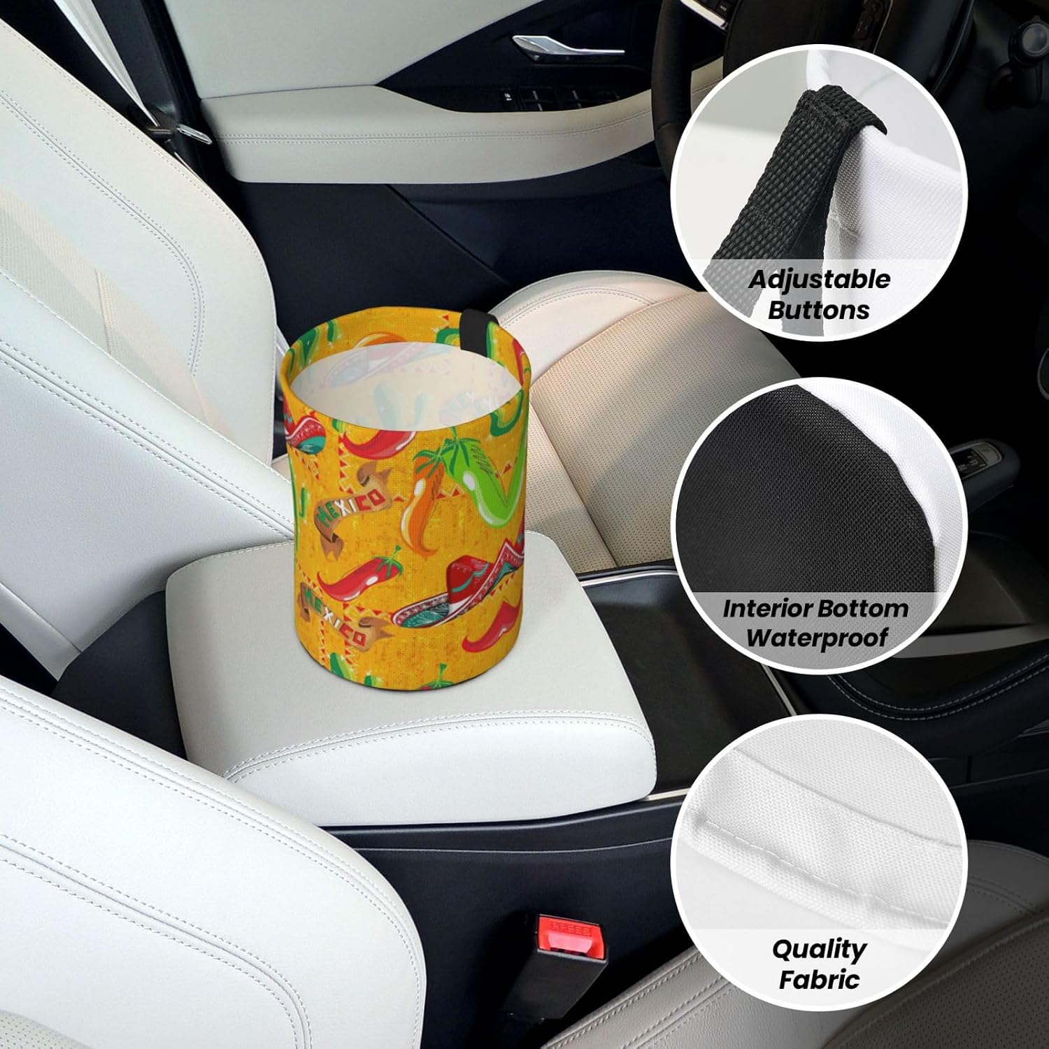 Cactus Hat and Chili Pepper Print Foldable Car Trash Can,Hanging Car Garbage Can,Waterproof Car Garbage Bin, for Travel Camping