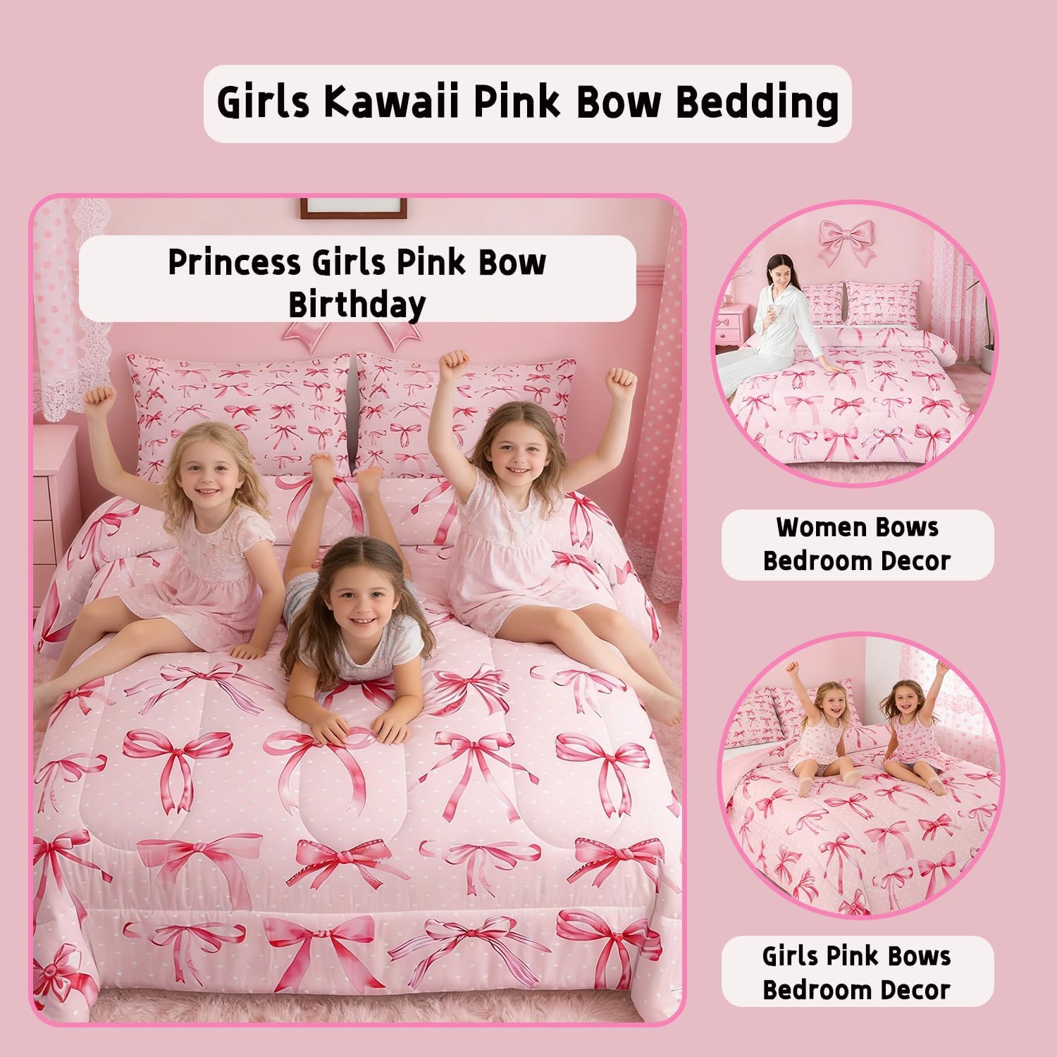 Feelyou Kids Girls Bow Bedding Set Queen Size Pink Bowknot Comforter Set for Girls Kawaii Polka Dots Bow Duvet Quilt