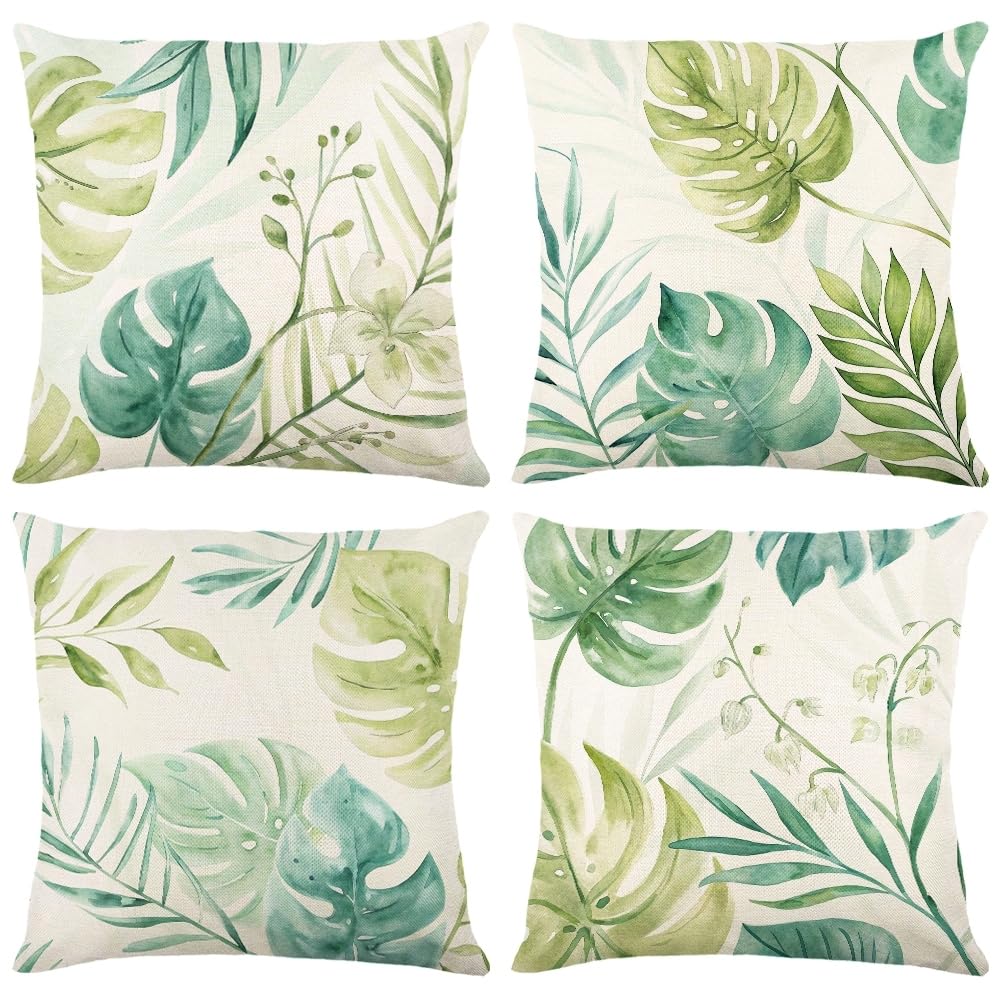 IcosaMro Outdoor Waterproof Cushion Covers for Garden Bench Set of 4 18"x 18" Decorative Pillows Green Tropical Leaves Throw Pillow Covers Pillowcase