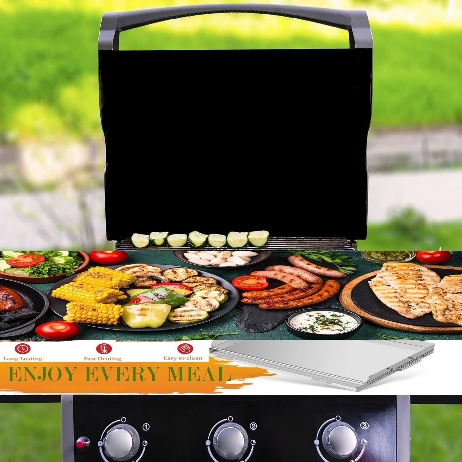 Plancha de cocina de acero inoxidable, inserto de placa superior plana con ranura para grasa y 2 asas extraíbles para parrillas de gas/carbón, portón trasero, campamento y fiestas, 23 x 16 pulgadas 7