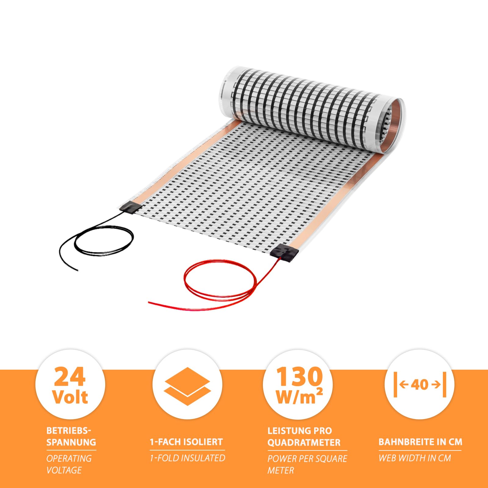 Mi-Heat Carbon - Lámina calefactora (4,0 m, 24 V CA/CC, 40 cm de ancho, 130 W/m², calefacción por suelo radiante para caravanas, terrario, incubadora, invernadero)