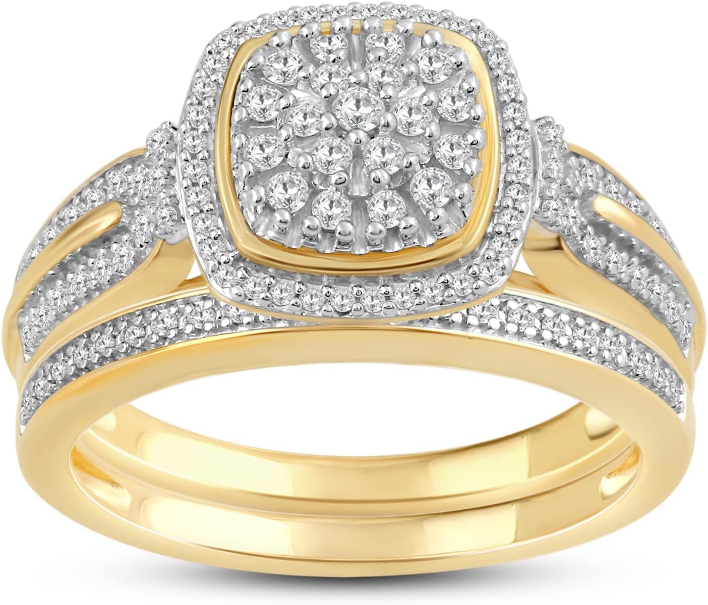 Jewelili Yellow Gold over Sterling Silver 1/3 Cttw Natural White Round Diamond Bridal Engagement Ring